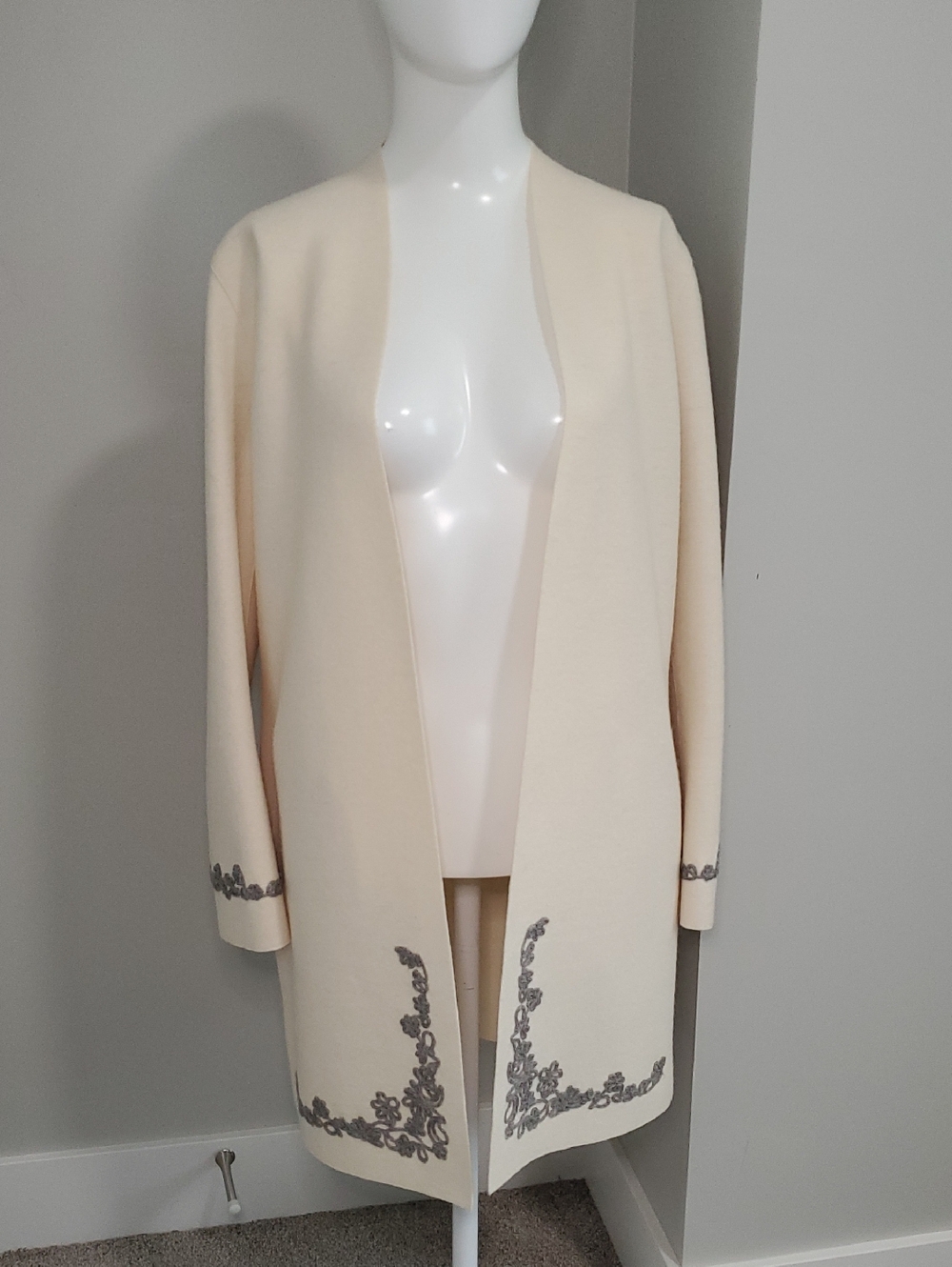 Cream Open-Front Embroidered Long Coat by